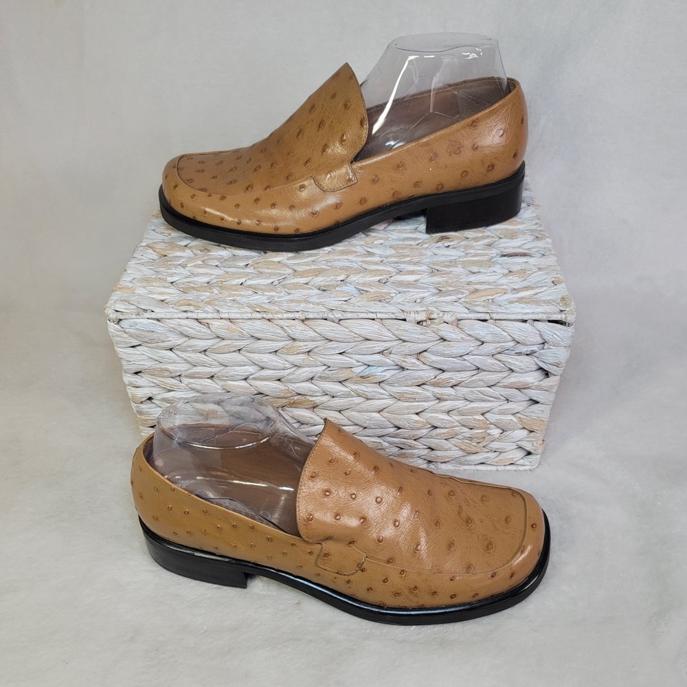 Franco Sarto Tan Ostrich-Embossed Leather Loafers